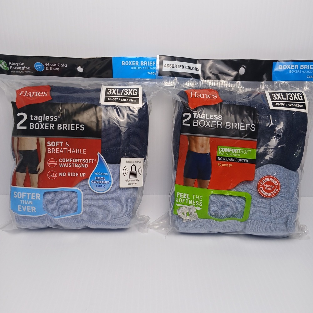 Hanes 4 Pack Mens Tagless Boxer Briefs 3XL Blue Assorted ComfortSoft 7460VT